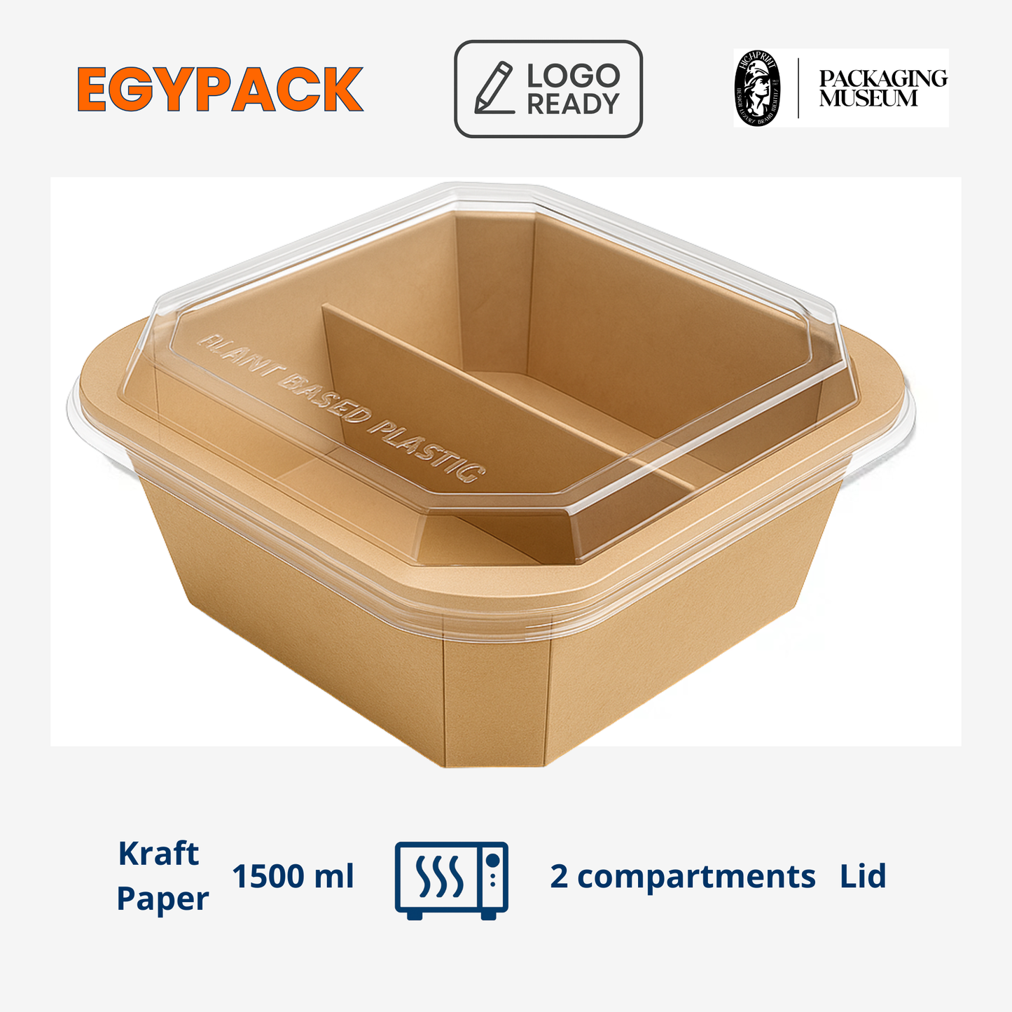 BARQUETTE RECTANGULAIRE EN CARTON COUCHÉ PE AVEC COUVERCLE EN PET – 2 COMPARTIMENTS – UTILISATION MICRO-ONDES & RÉFRIGÉRATEUR – 310 g/m² – 1500 ml – PACK DE 50 PCS