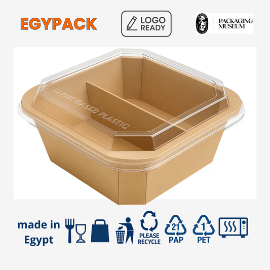 RECTANGULAR PAPER TRAY PE COATED WITH PET LID 2 COMPARTMENTS – Microwave & Fridge Use – 310gsm – 1500ml – Pack of 50 pcs