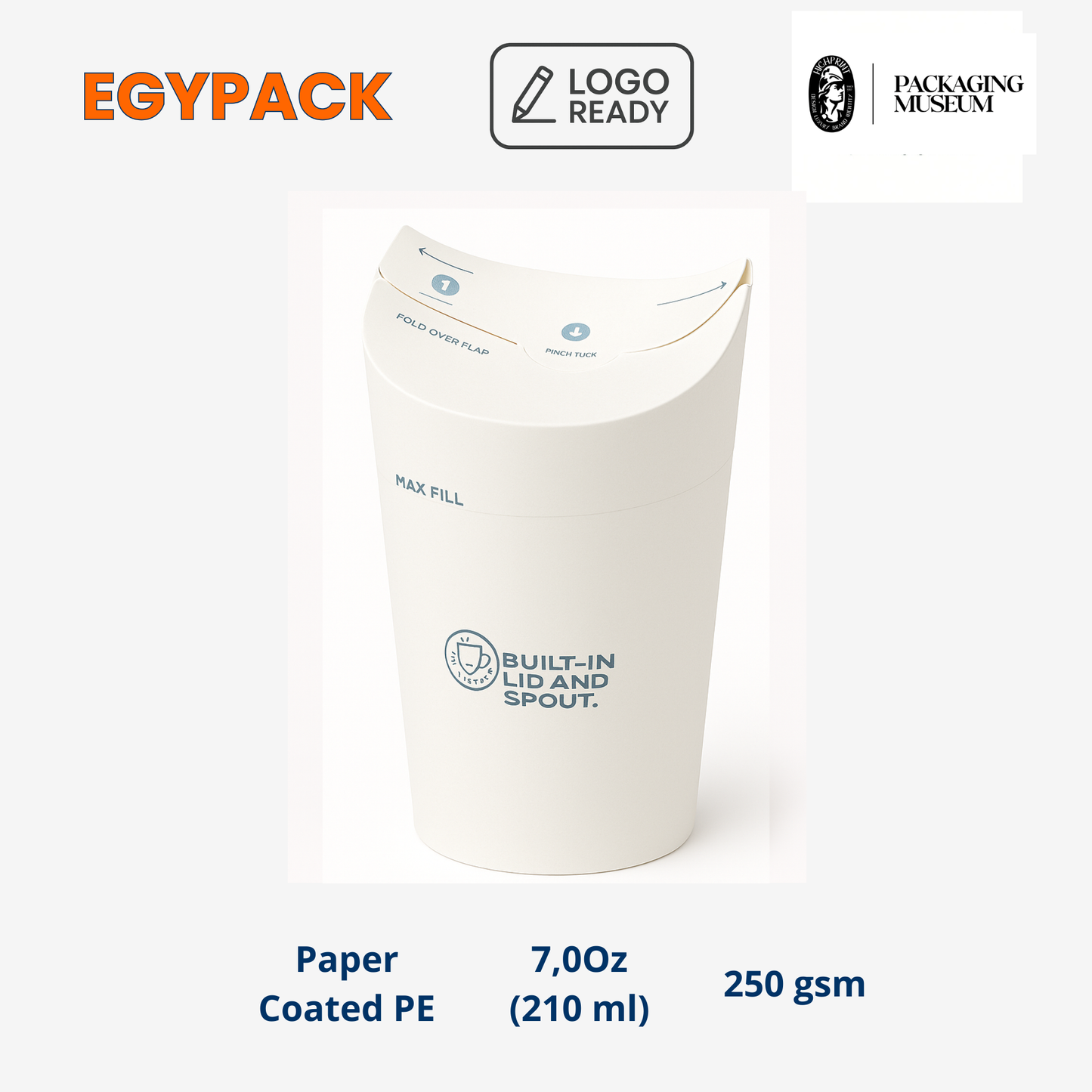 PAPER CUP WITH BUILT-IN LID – 7.0oz / 210ml – 250gsm – Single PE Coated – Hot & Cold – Pack of 50 pcs